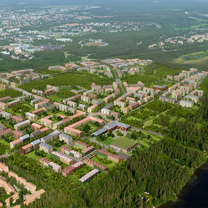 Flygbild över Tomtebo strand som visar vart alla byggnader och kvarter ska placeras.